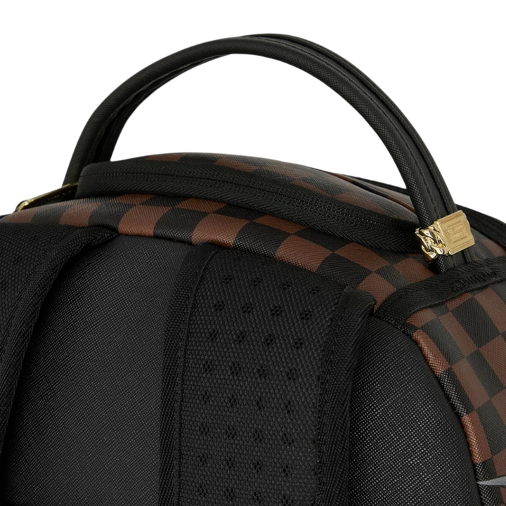 HypeSelection Sprayground 305 Check Motorcycles DLXSR backpack showing the top handle and brown checkered pattern