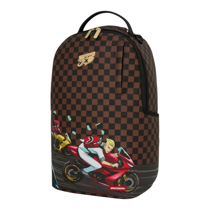 HypeSelection Sprayground 305 Check Motorcycles DLXSR backpack with brown checkered pattern and graphic print