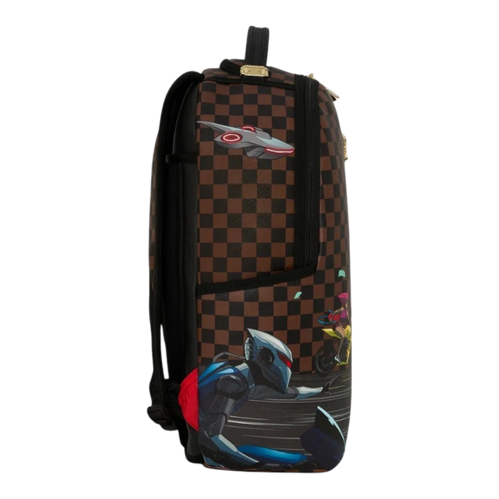 HypeSelection Sprayground 305 Check Motorcycles DLXSR backpack featuring a brown checkered pattern and graphic art