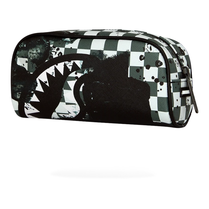 HypeSelection Sprayground pencil pouch featuring a black and white checkered pattern with a graphic shark mouth design.