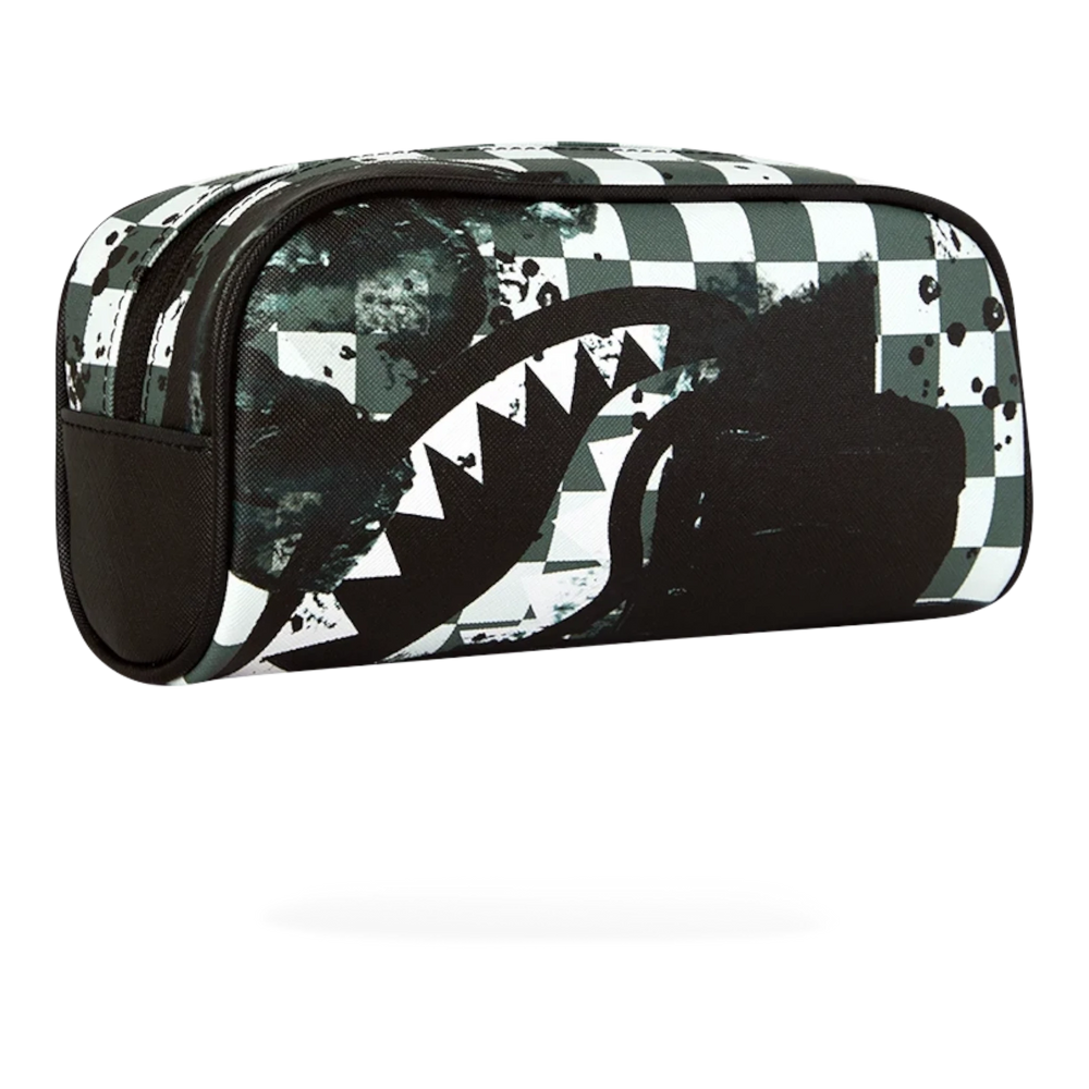 HypeSelection Sprayground pencil pouch featuring a black and white checkered pattern with a graphic shark mouth design.