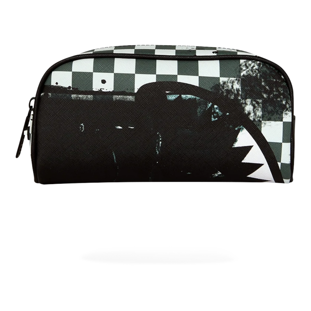 HypeSelection Sprayground pencil pouch featuring a black and white checkered pattern with signature shark mouth graphic