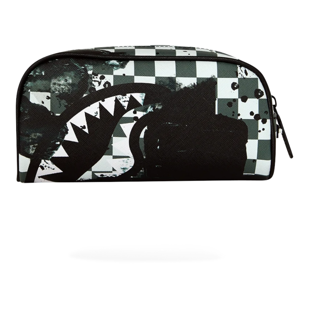 HypeSelection Sprayground pencil pouch featuring a black and white checkered pattern with a graphic shark mouth design.