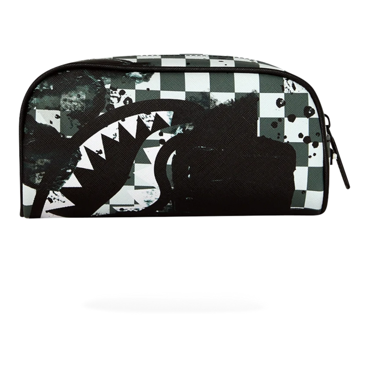 HypeSelection Sprayground pencil pouch featuring a black and white checkered pattern with a graphic shark mouth design.