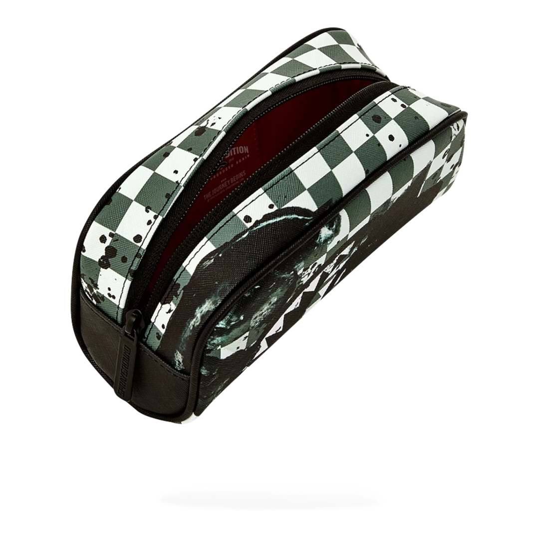 HypeSelection Sprayground pencil pouch featuring a black and white checkered pattern with paint splatter accents.