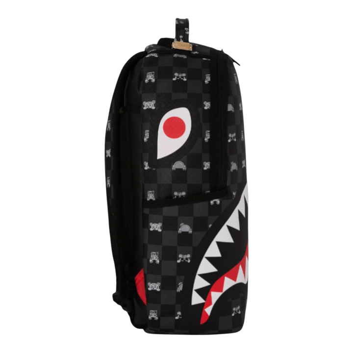 HypeSelection Sprayground black and grey checkered faux leather backpack with peeking character graphic and shark mouth design.
