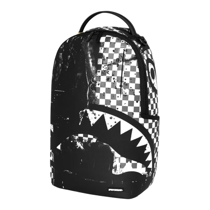 HypeSelection Sprayground black and white checkered backpack with signature shark mouth graphic design