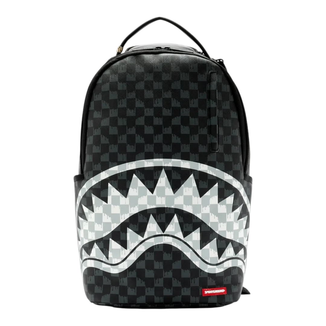 HypeSelection Sprayground black and white checkered backpack with signature shark mouth graphic design