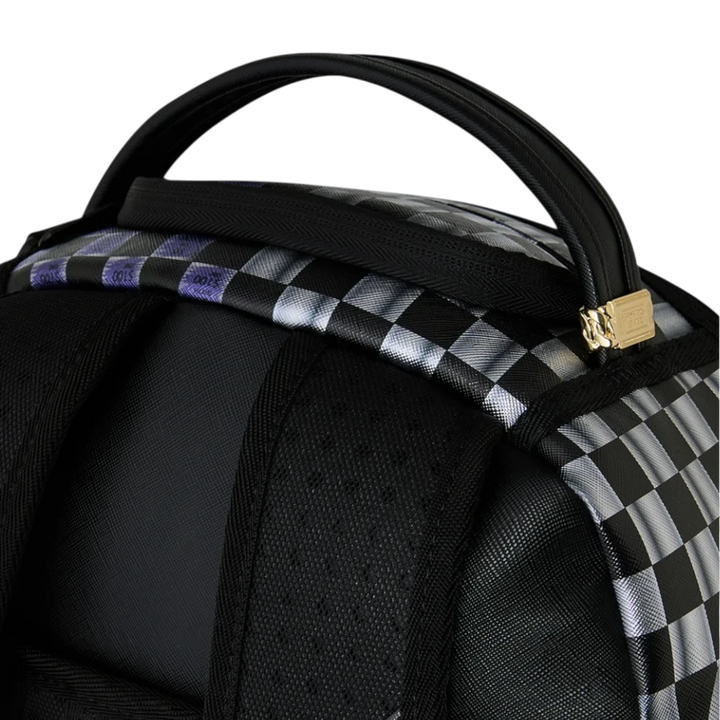 HypeSelection Sprayground Scratch Off Shark backpack featuring a black and silver checkered pattern and top handle.