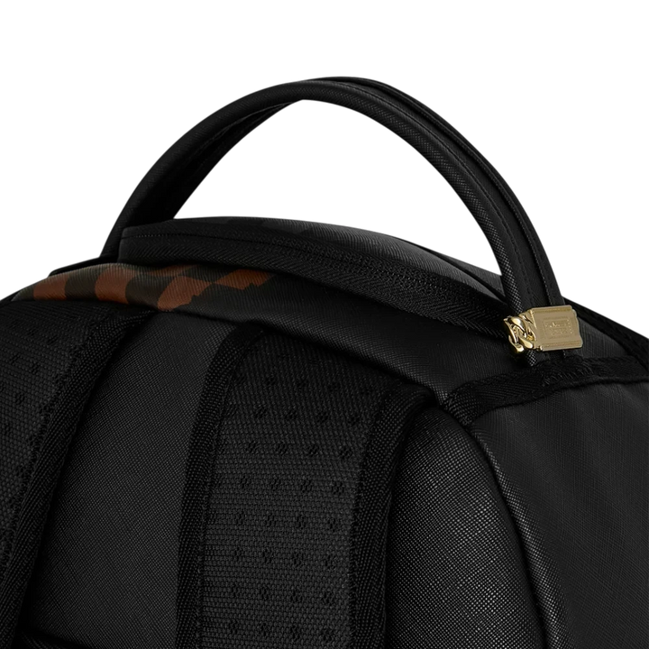 HypeSelection Sprayground Claw Tear Check DLXSV backpack featuring black textured material and gold hardware detail.