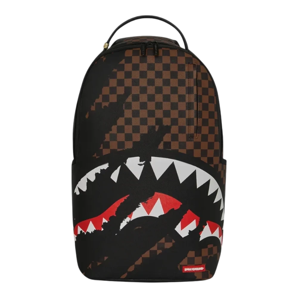 HypeSelection Sprayground Claw Tear Check backpack featuring a brown and black checkered pattern with shark mouth art.