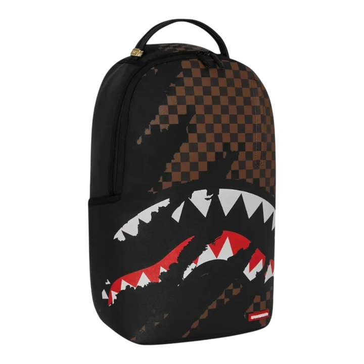 HypeSelection Sprayground Claw Tear Check backpack featuring a brown checkered pattern and iconic shark mouth graphic.