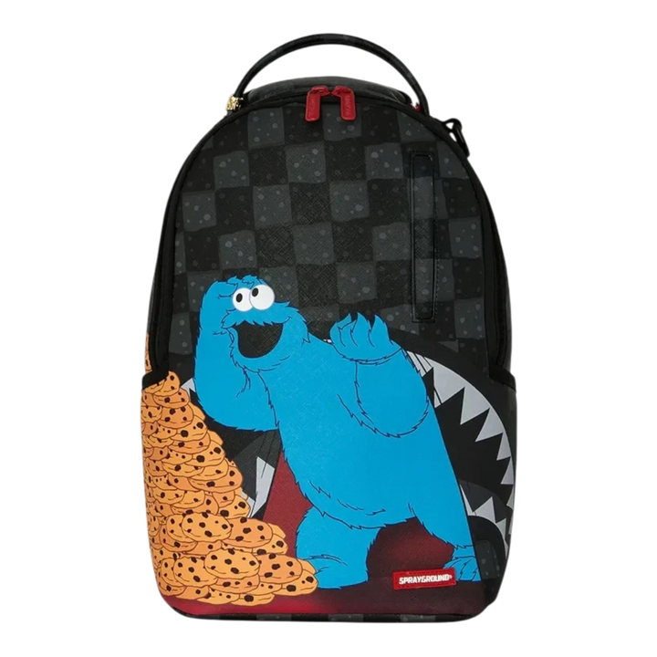 HypeSelection Sprayground Sesame Street Cookie Monster mini backpack with black checkered pattern and shark mouth