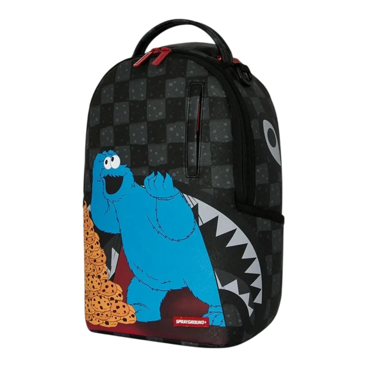 HypeSelection Sprayground Sesame Street Cookie Monster mini backpack with black checkerboard and shark mouth design