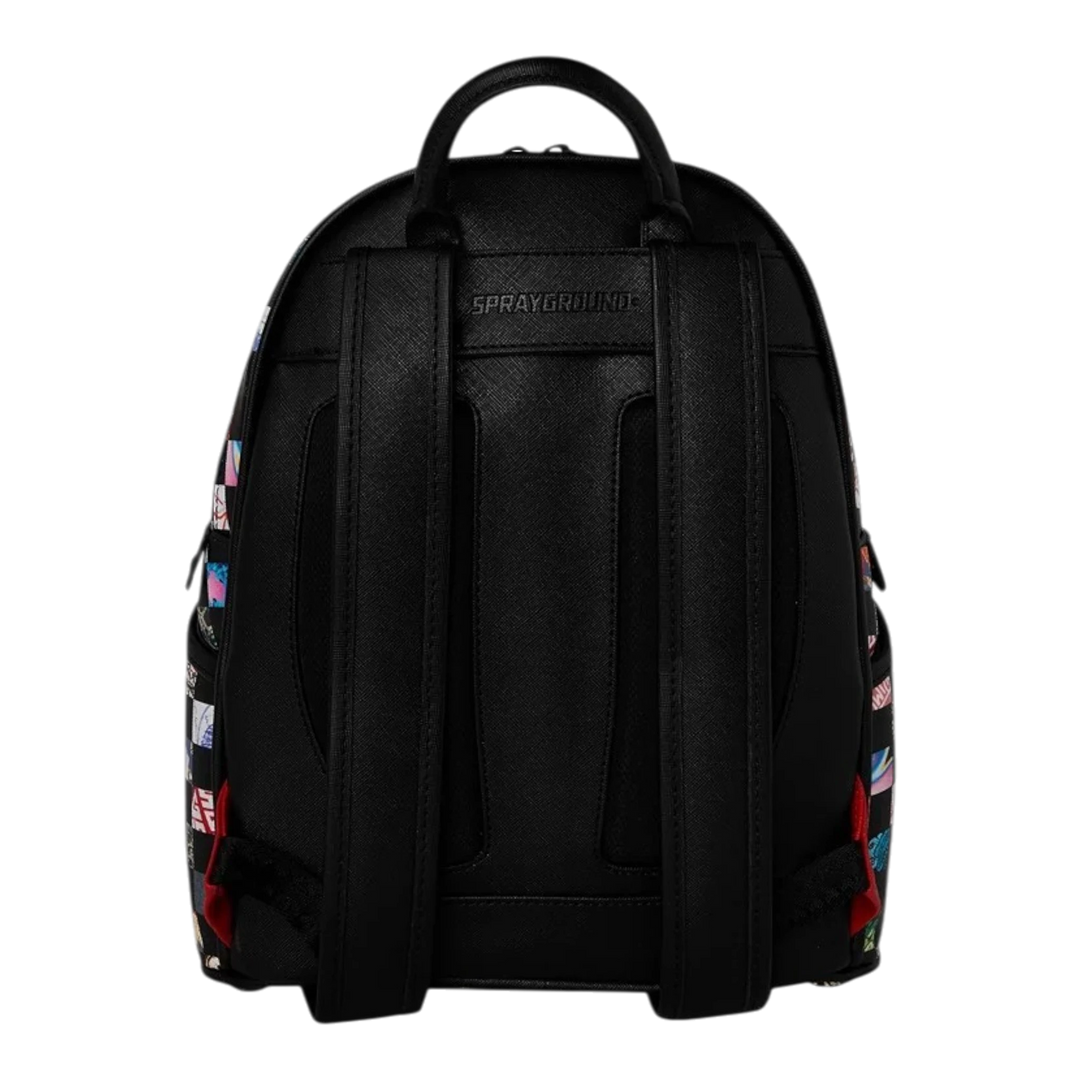 HypeSelection Sprayground Crazy Check Savage backpack showing black padded shoulder straps and rear panel