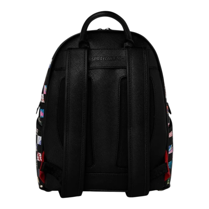 HypeSelection Sprayground Crazy Check Savage backpack showing black padded shoulder straps and rear panel