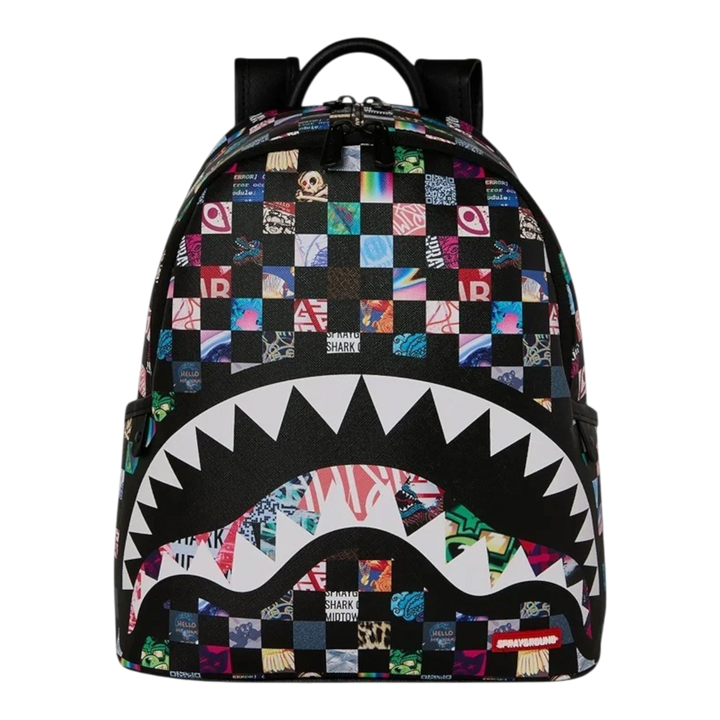 HypeSelection Sprayground Crazy Check Savage backpack with iconic shark mouth graphic and colorful checkered pattern
