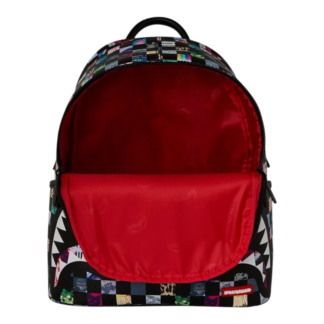 HypeSelection Sprayground Crazy Check Savage backpack with open main compartment and vibrant red interior lining.