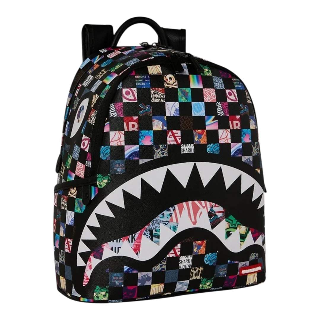 HypeSelection Sprayground Crazy Check Savage backpack featuring a multi-coloured graphic checkerboard and shark mouth