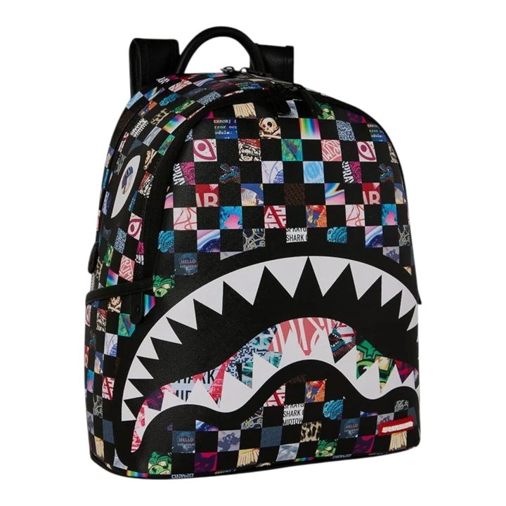 HypeSelection Sprayground Crazy Check Savage backpack featuring a multi-coloured graphic checkerboard and shark mouth
