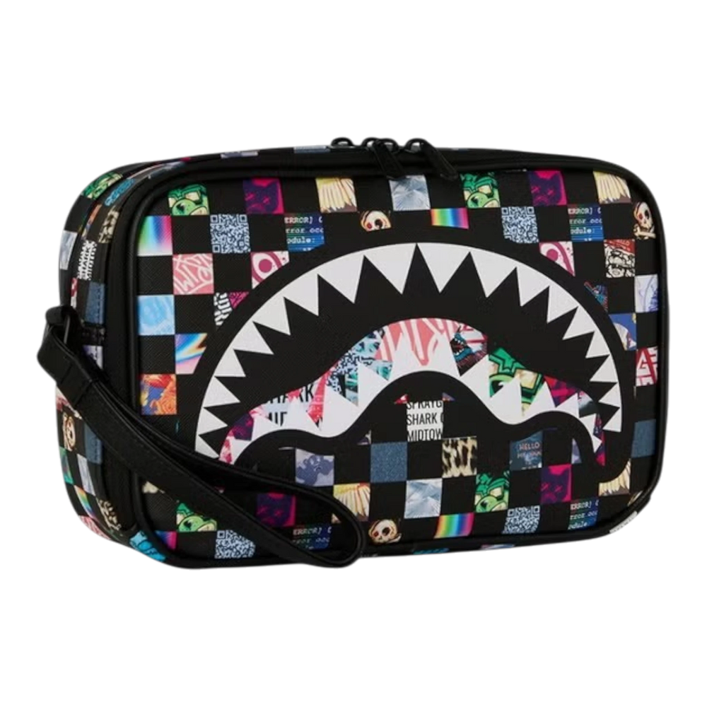 HypeSelection Sprayground Crazy Check toiletry bag featuring a black and multi-colored graphic shark mouth design.
