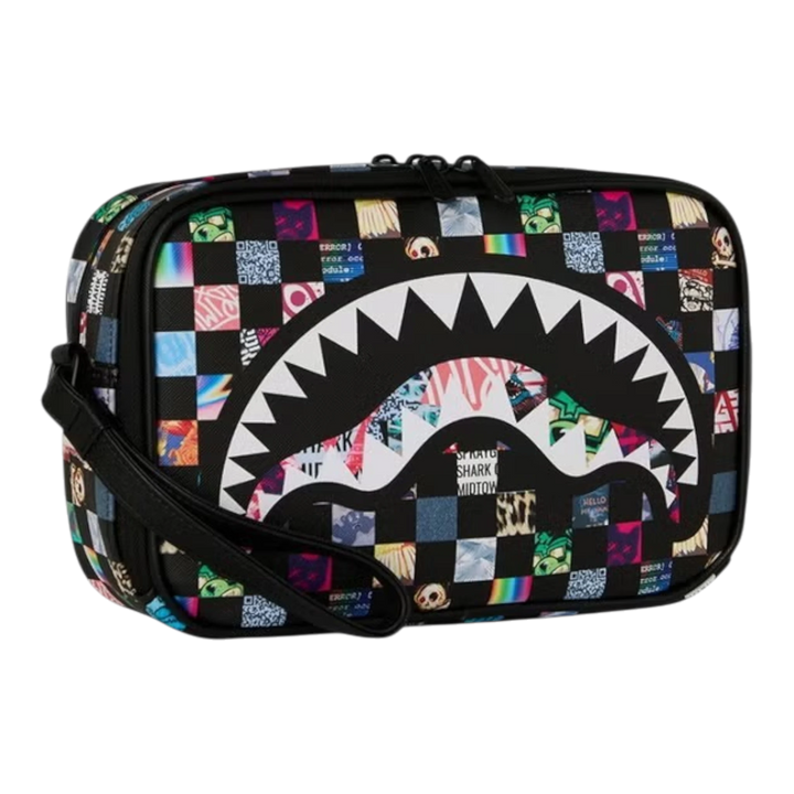 HypeSelection Sprayground Crazy Check toiletry bag featuring a black and multi-colored graphic shark mouth design.