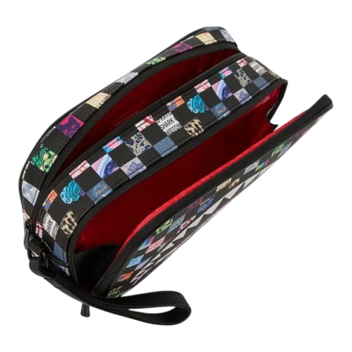 HypeSelection Sprayground Crazy Check toiletry bag with a vibrant graphic pattern and bright red interior lining.