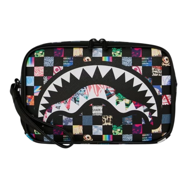 HypeSelection Sprayground Crazy Check toiletry bag featuring a signature shark mouth graphic and colorful grid pattern.