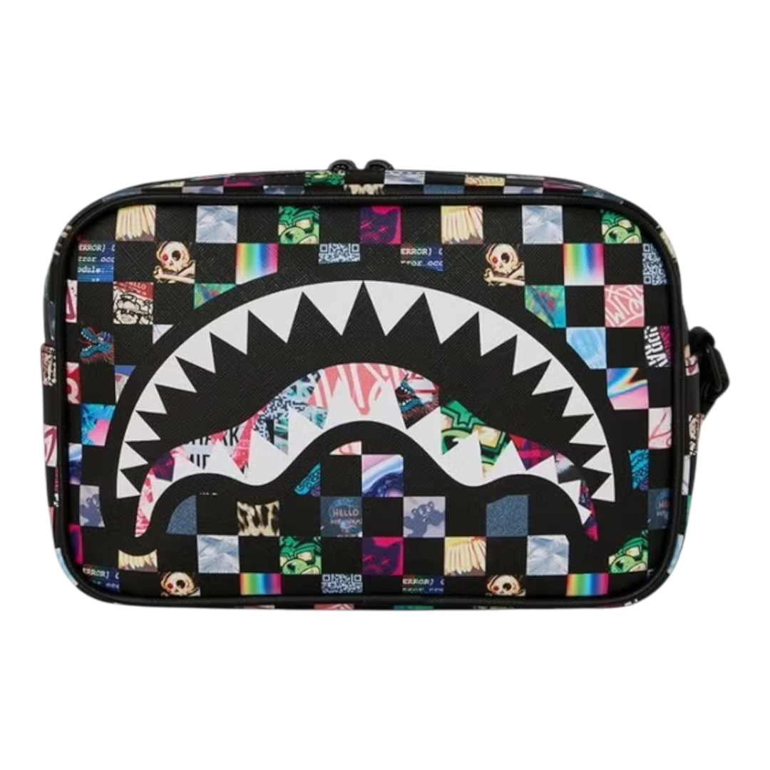 HypeSelection Sprayground Crazy Check toiletry bag featuring a black and multi-coloured graphic shark mouth design.