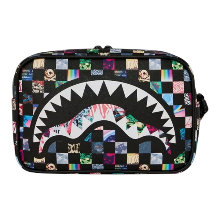 HypeSelection Sprayground Crazy Check toiletry bag featuring a black and multi-coloured graphic shark mouth design.