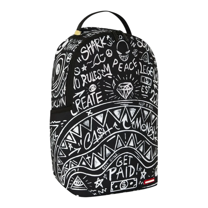 HypeSelection Sprayground Crazy Thoughts DLXSR backpack featuring a bold black and white graphic graffiti print.