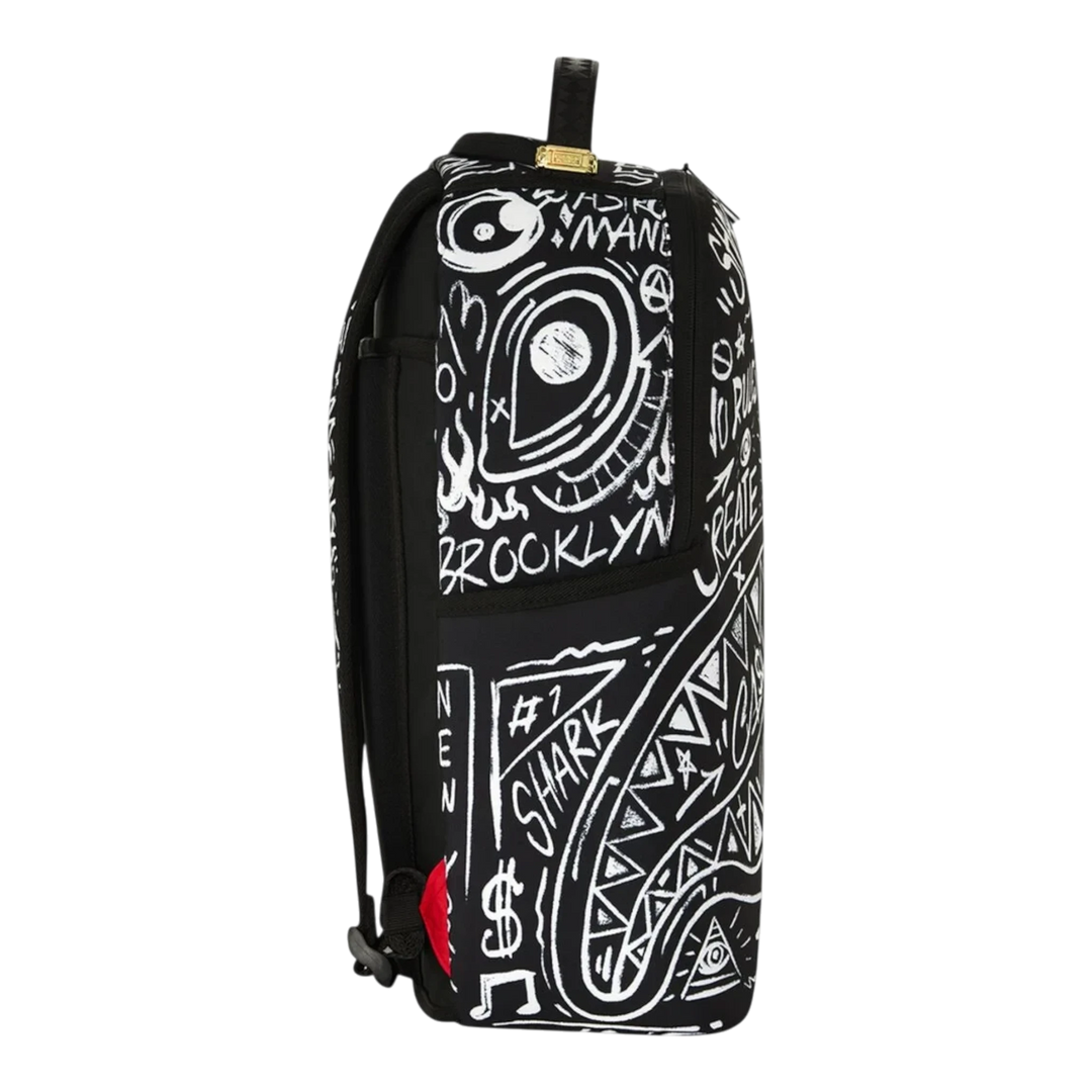 HypeSelection Sprayground Crazy Thoughts DLXSR backpack featuring a black and white graffiti graphic print