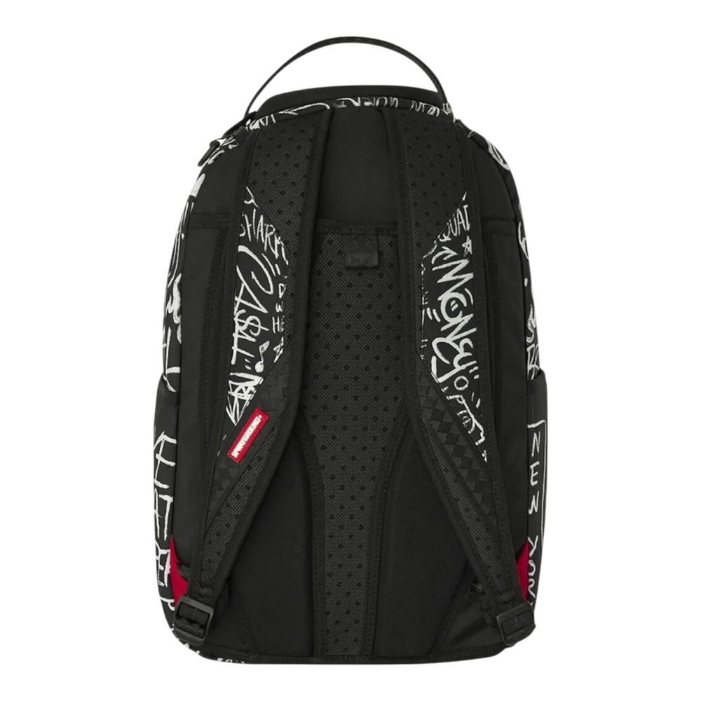 HypeSelection Sprayground Crazy Thoughts DLXSR backpack featuring black and white graffiti print and padded straps