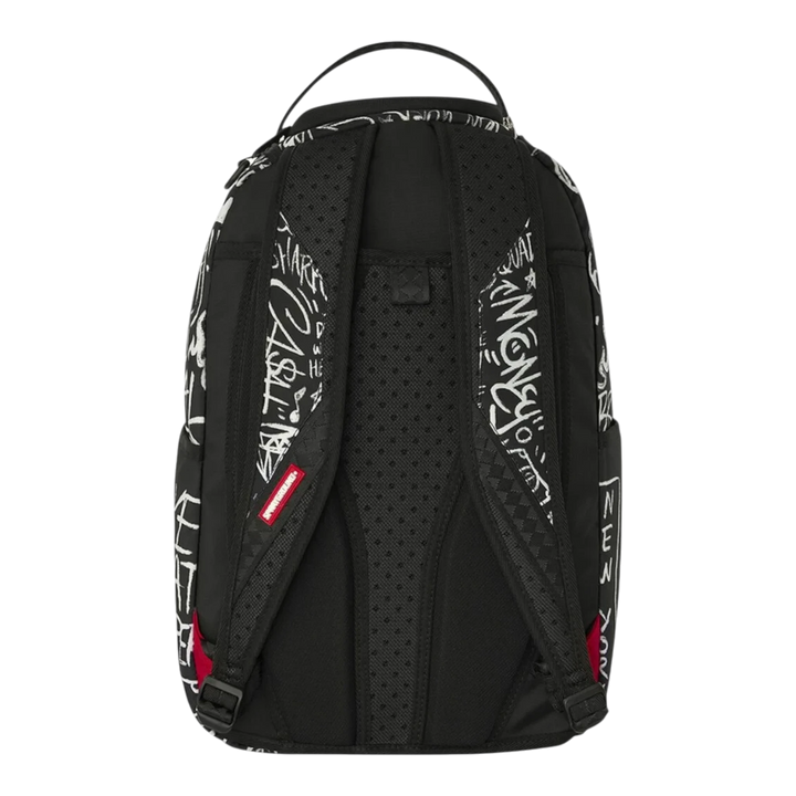 HypeSelection Sprayground Crazy Thoughts DLXSR backpack featuring black and white graffiti print and padded straps