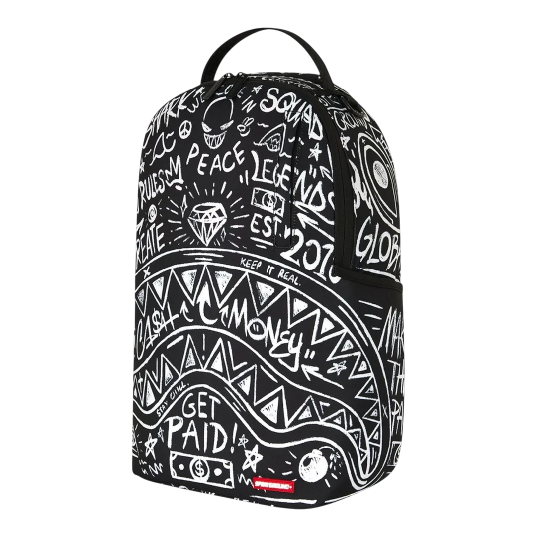 HypeSelection Sprayground Crazy Thoughts DLXSR backpack in black with white graffiti-style graphic print