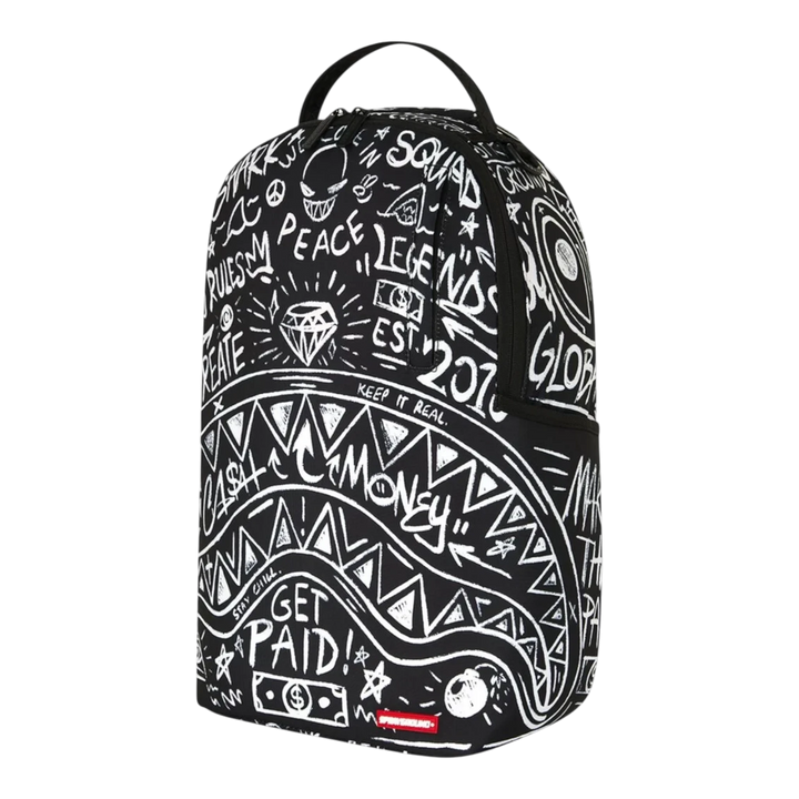 HypeSelection Sprayground Crazy Thoughts DLXSR backpack in black with white graffiti-style graphic print