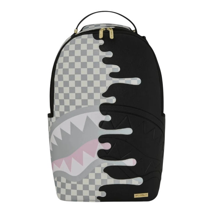 HypeSelection Sprayground Cream Check Side Drip backpack with black and cream checkerboard pattern, shark mouth graphic, and white drip details.