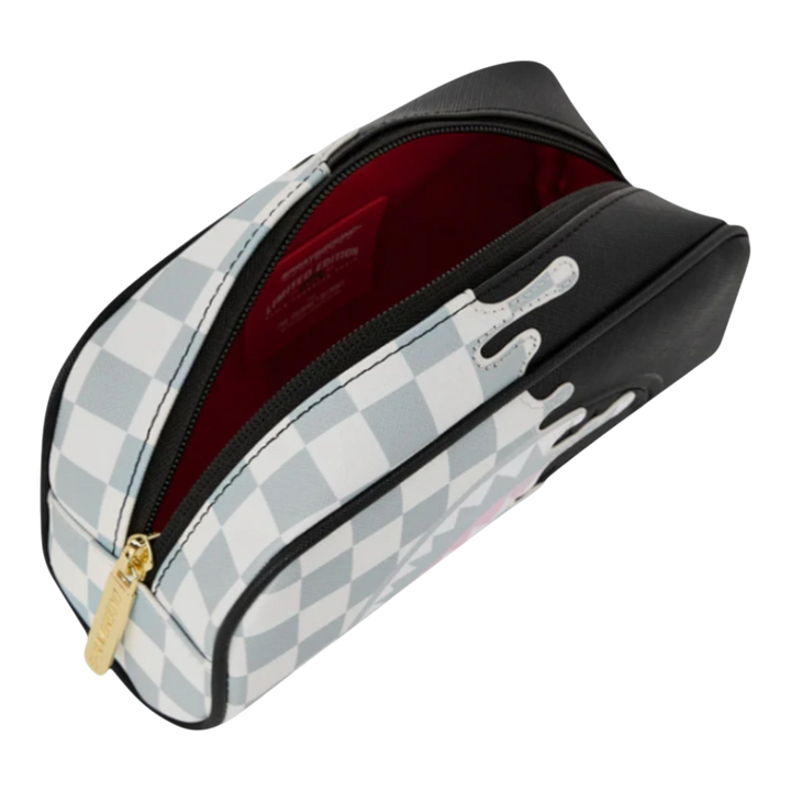 HypeSelection Sprayground cream check PVC pouch with black trim and signature drip graphic. Zip-top closure.