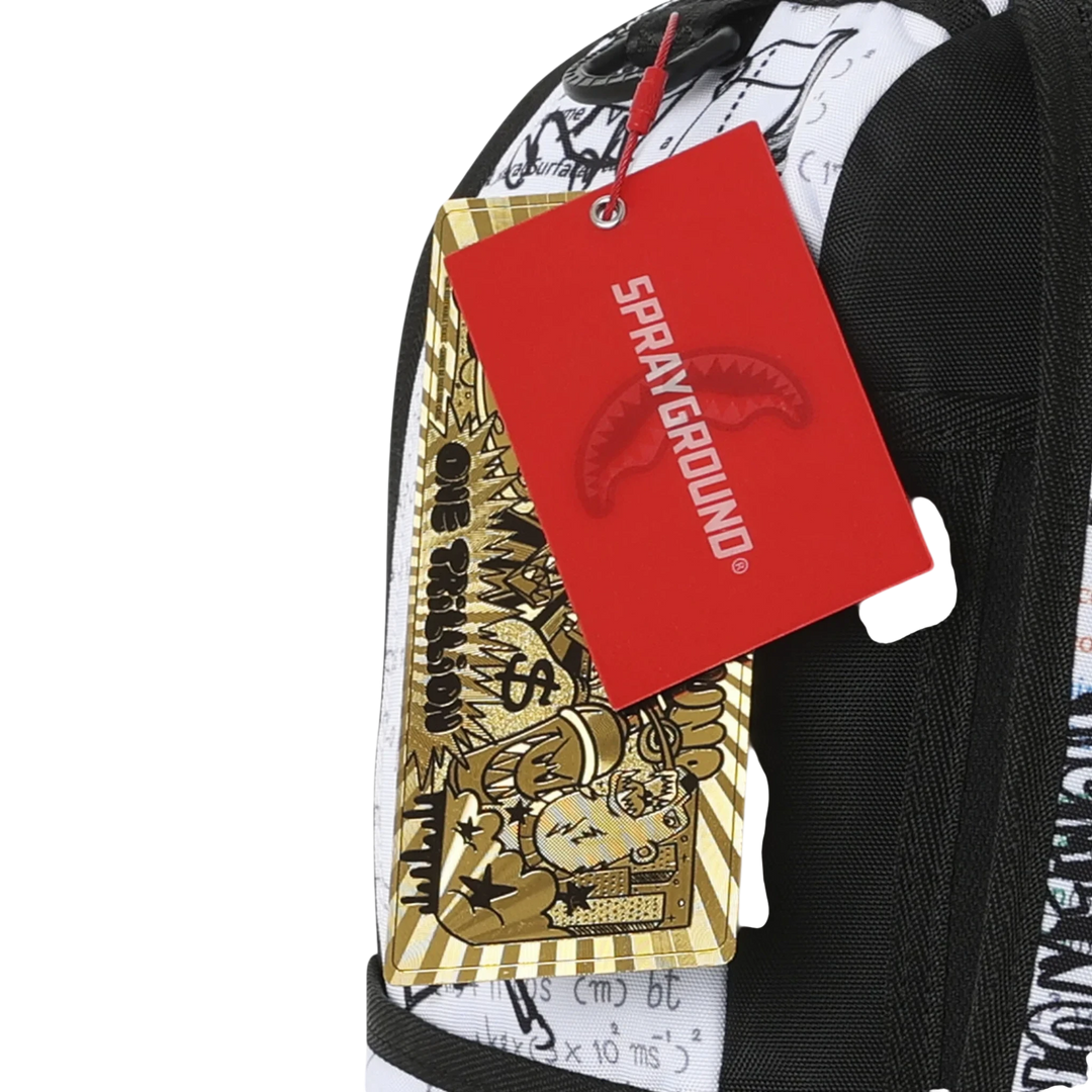 HypeSelection Sprayground Doodles Over Math Homework backpack with red branded tag and gold graphic detail