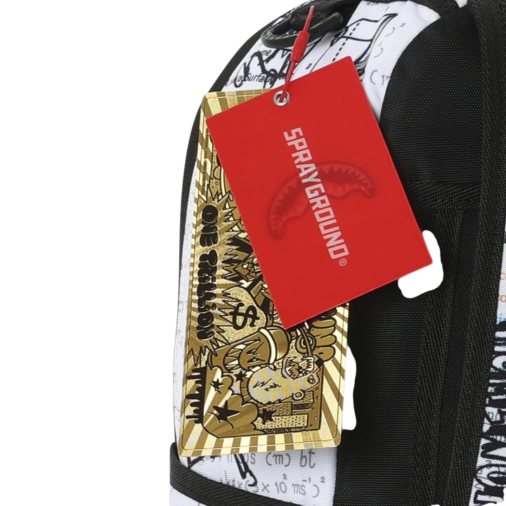 HypeSelection Sprayground Doodles Over Math Homework backpack with red branded tag and gold graphic detail