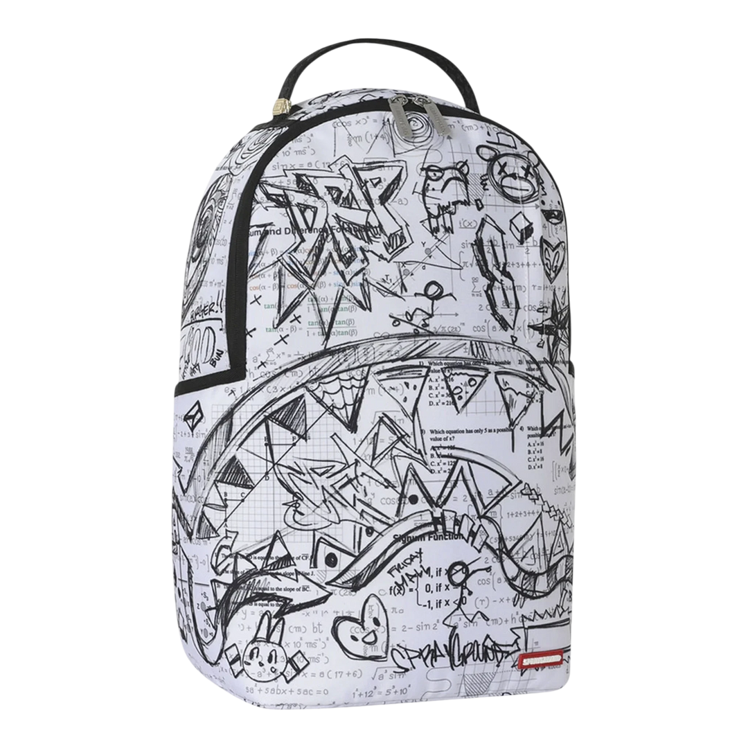 HypeSelection Sprayground Doodles Over Math Homework backpack featuring black graffiti and math equations on white