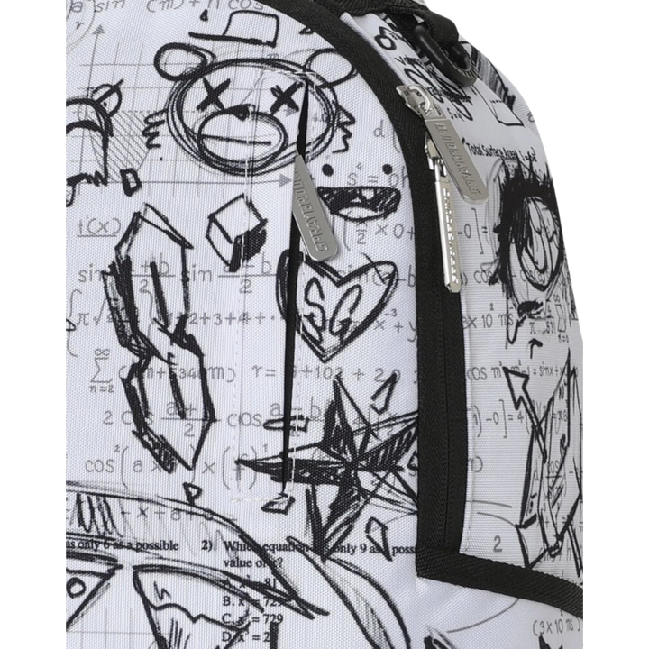 HypeSelection Sprayground Doodles Over Math Homework backpack featuring black graphic doodles on a white background