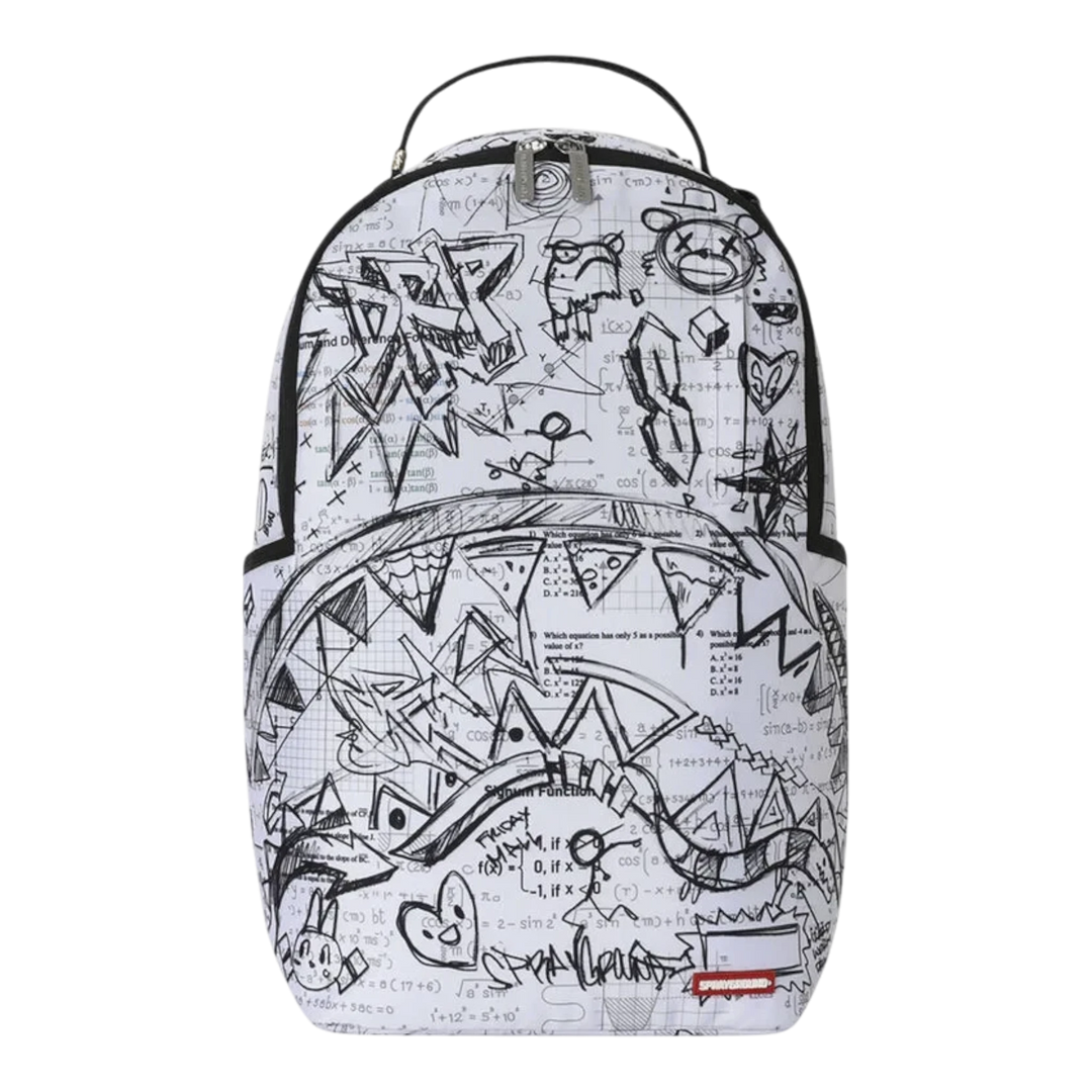 HypeSelection Sprayground Doodles Over Math Homework backpack featuring a white base with black graffiti-style doodles