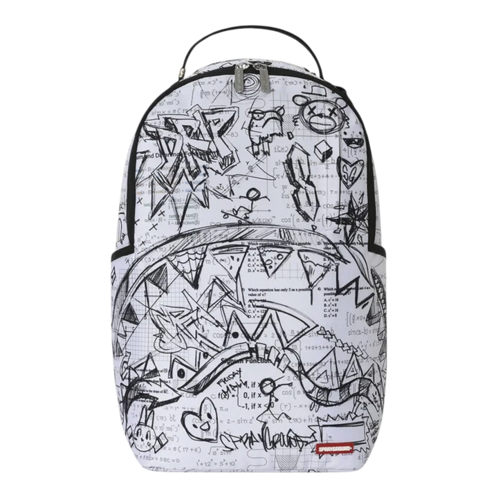 HypeSelection Sprayground Doodles Over Math Homework backpack featuring a white base with black graffiti-style doodles