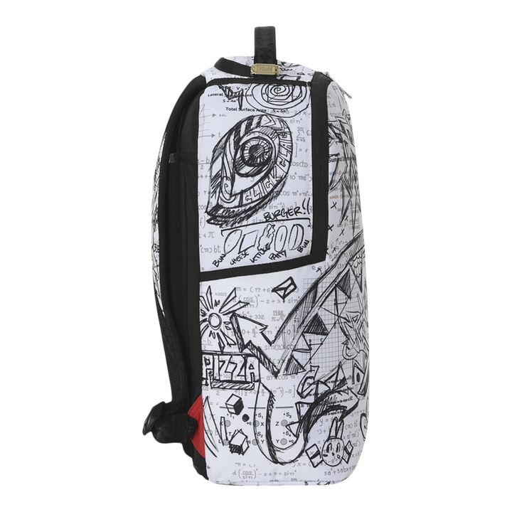 HypeSelection Sprayground Doodles Over Math Homework backpack with white and black graphic doodle print side view