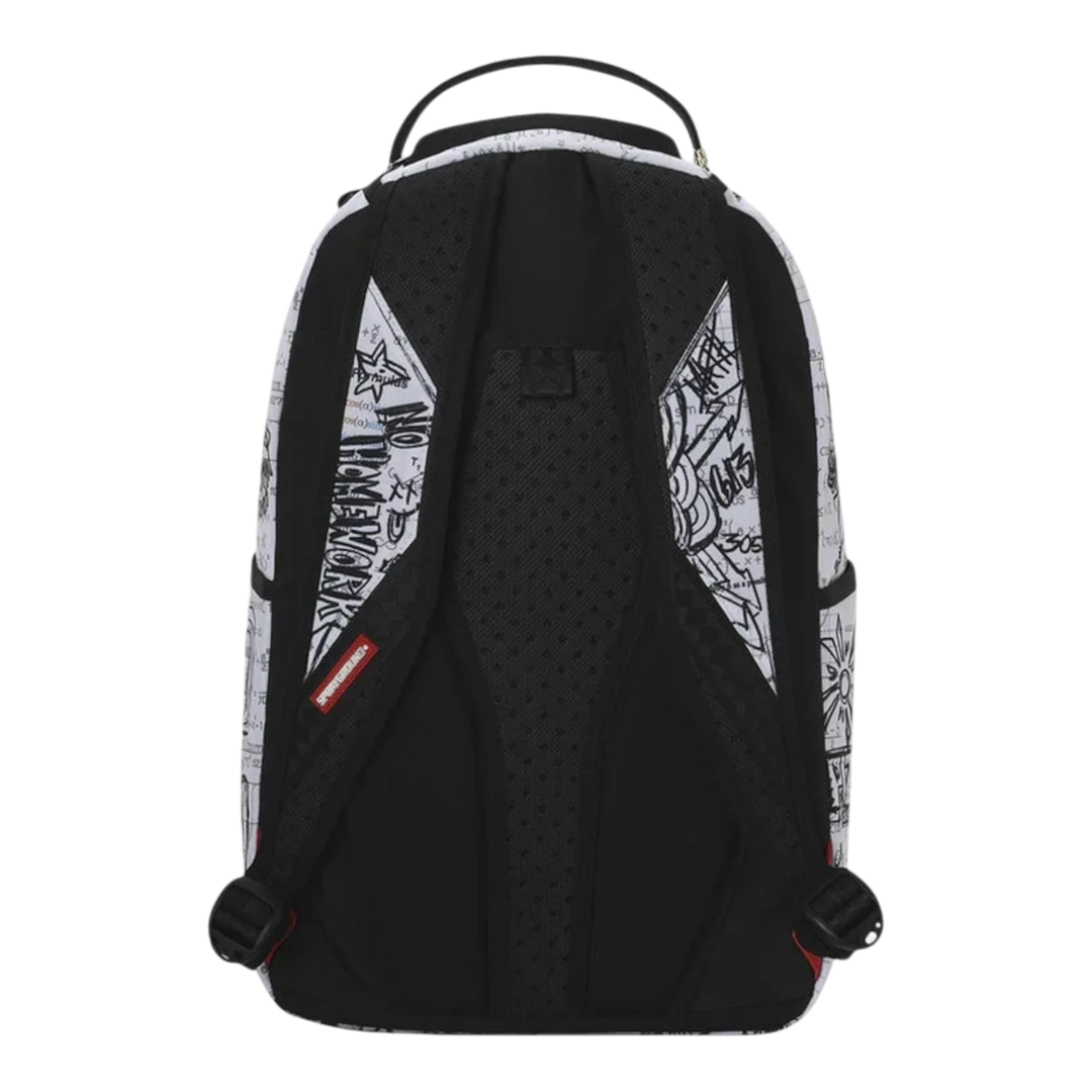 HypeSelection Sprayground Doodles Over Math Homework backpack with black padded straps and white graffiti print back