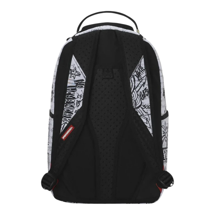 HypeSelection Sprayground Doodles Over Math Homework backpack with black padded straps and white graffiti print back