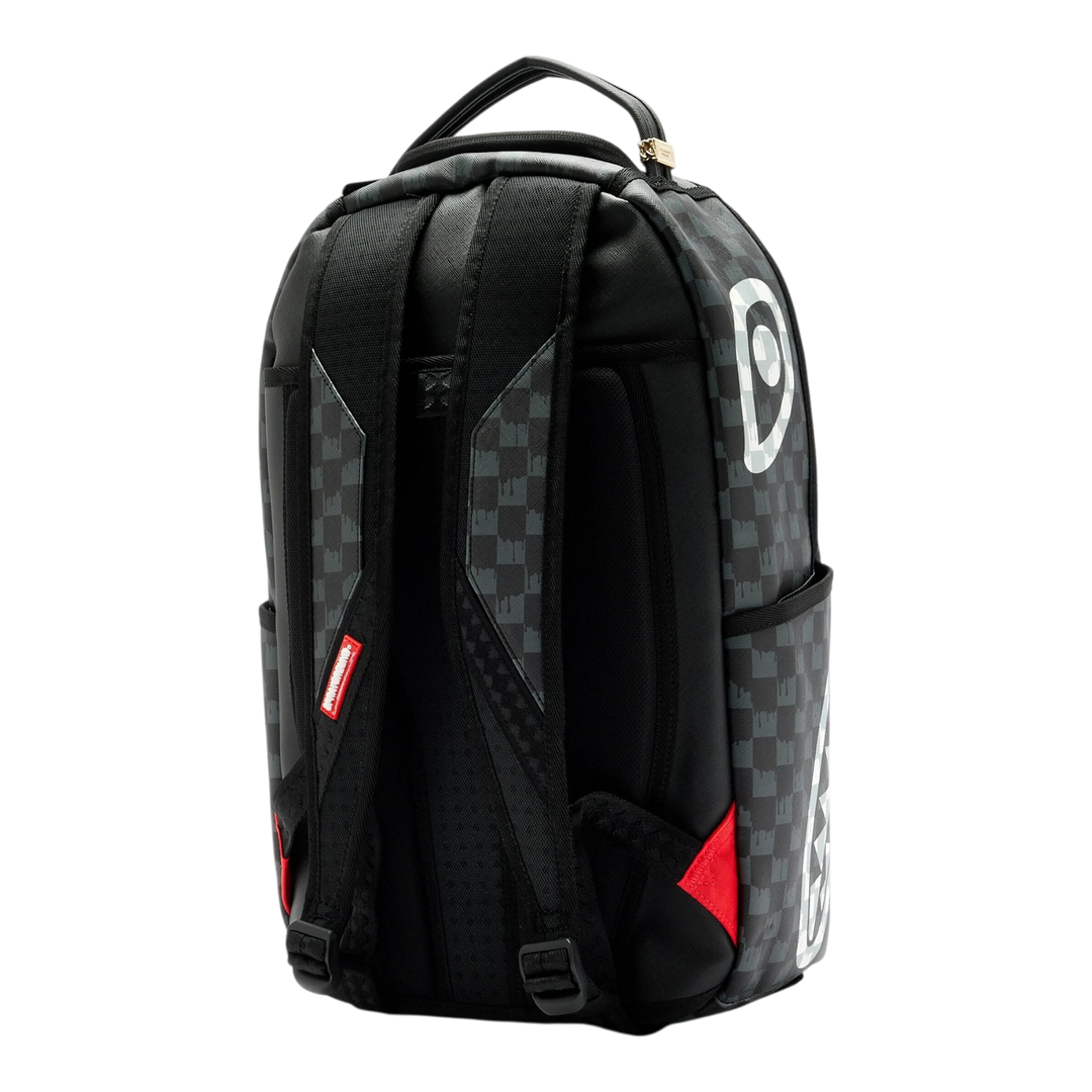 HypeSelection Sprayground black and white drip check backpack with adjustable straps and signature graphic pattern