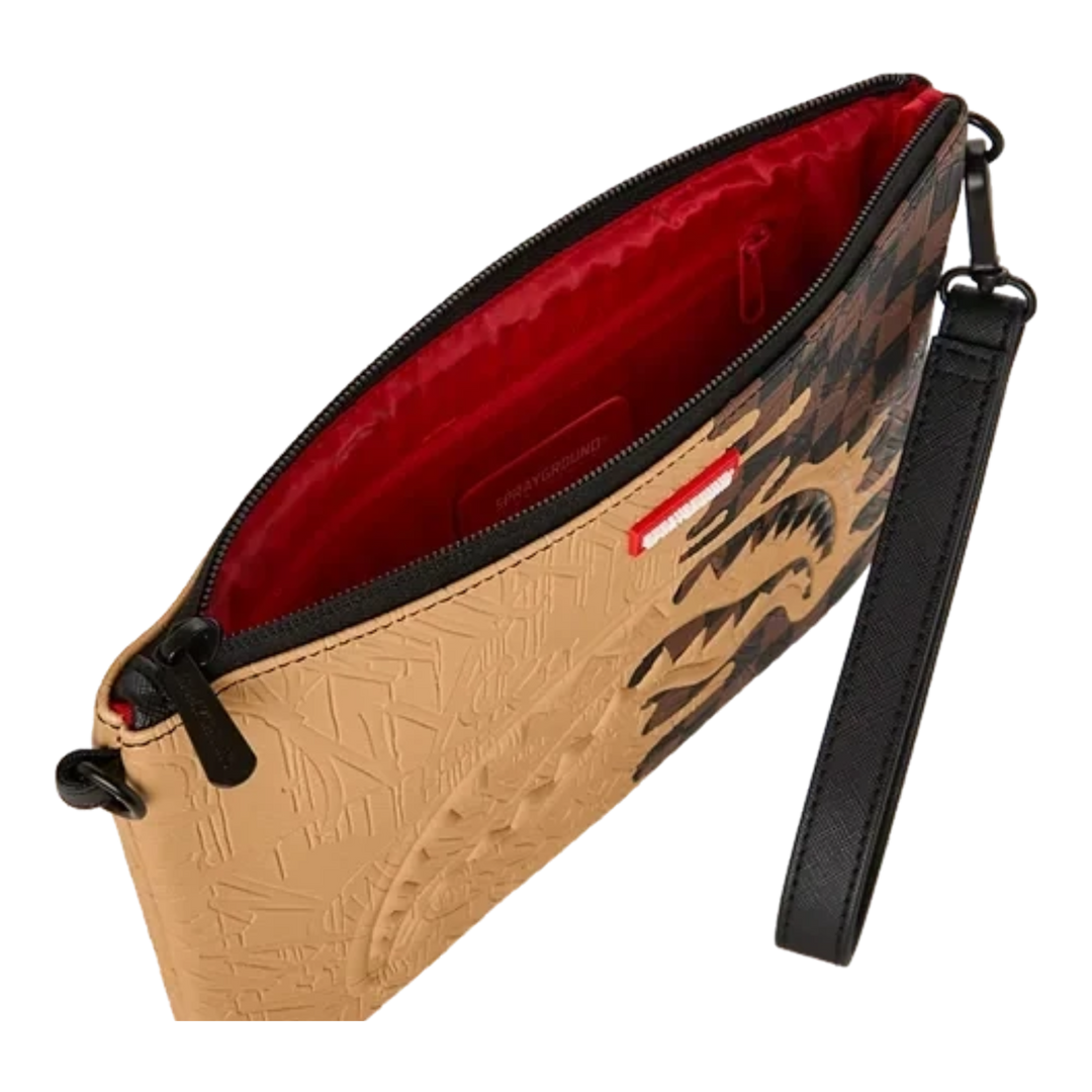 HypeSelection Sprayground crossover clutch with tan and black drip effect pattern and vibrant red interior lining