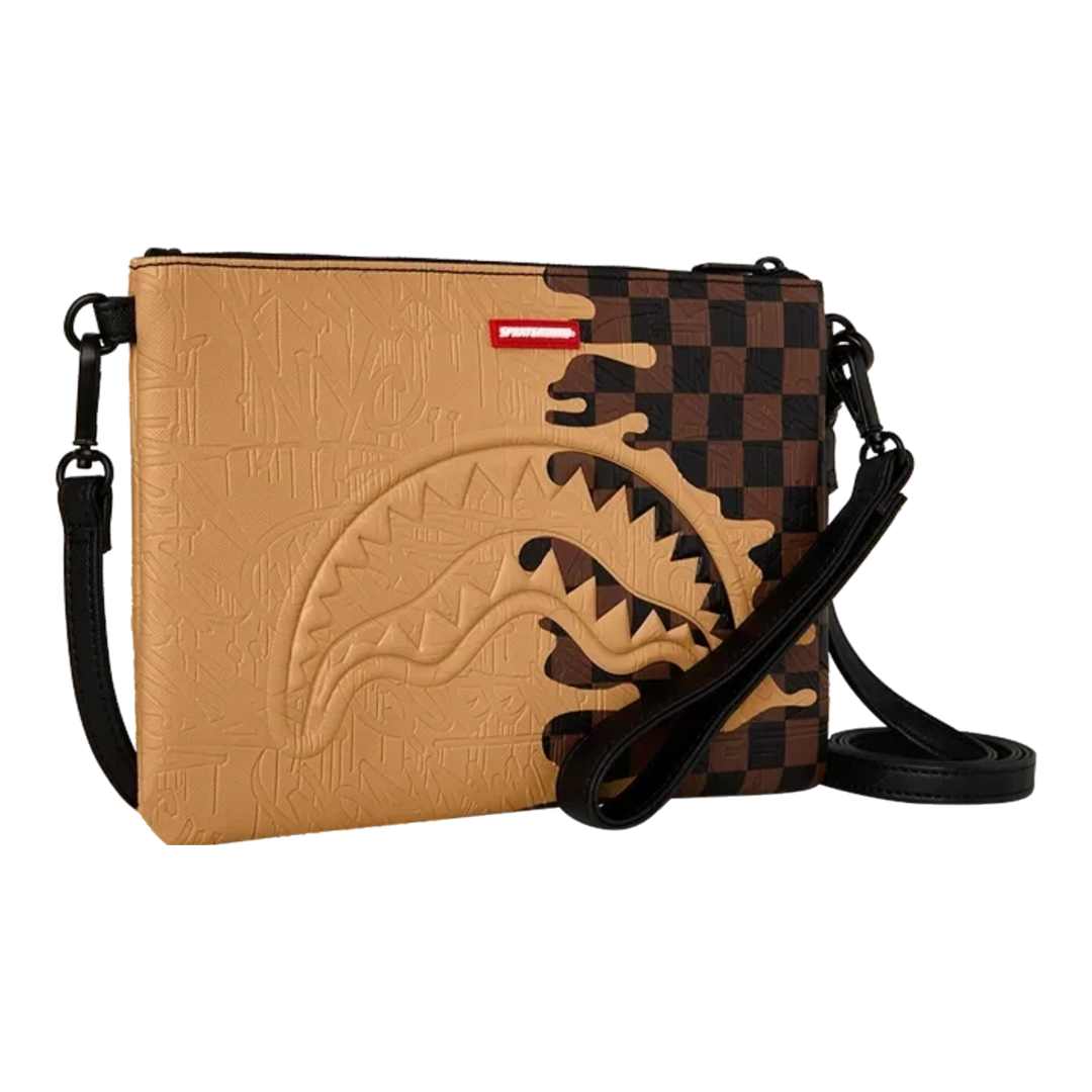 HypeSelection Sprayground crossover clutch featuring a tan embossed shark design and brown checkered drip pattern.